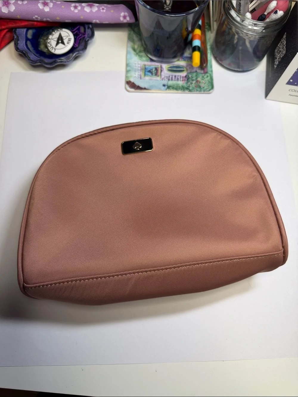 kate spade rose blush zip cosmetic pouch with gold logo